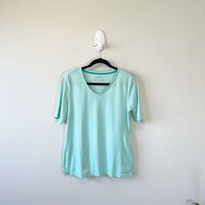 Talbots Women's V Neck T shirt Elbow Sleeve 100% Pima Cotton Blue Size Medium